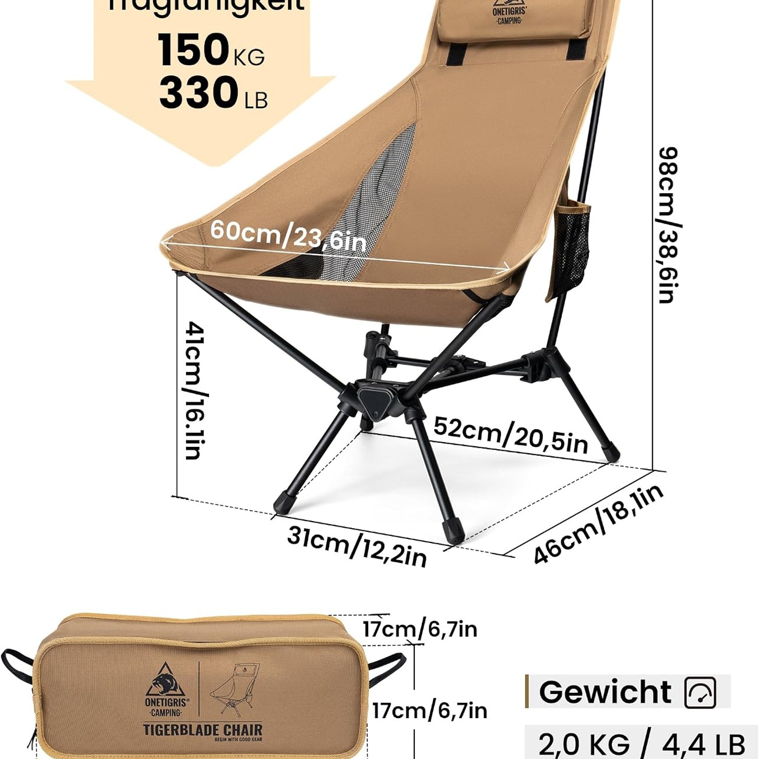 High Back Camping Chair with Headrest and Aluminium Frame