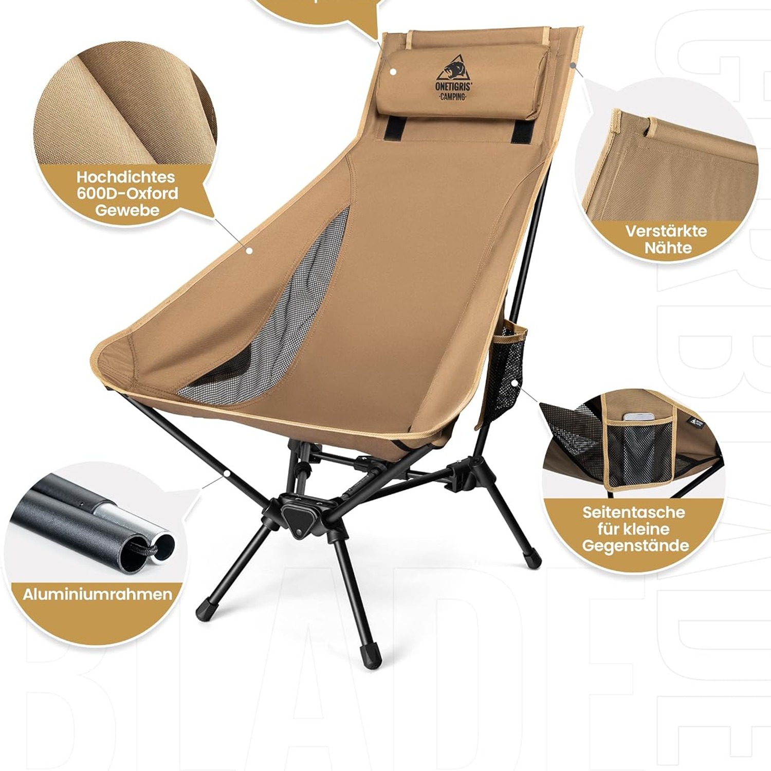 High Back Camping Chair with Headrest and Aluminium Frame: image 7