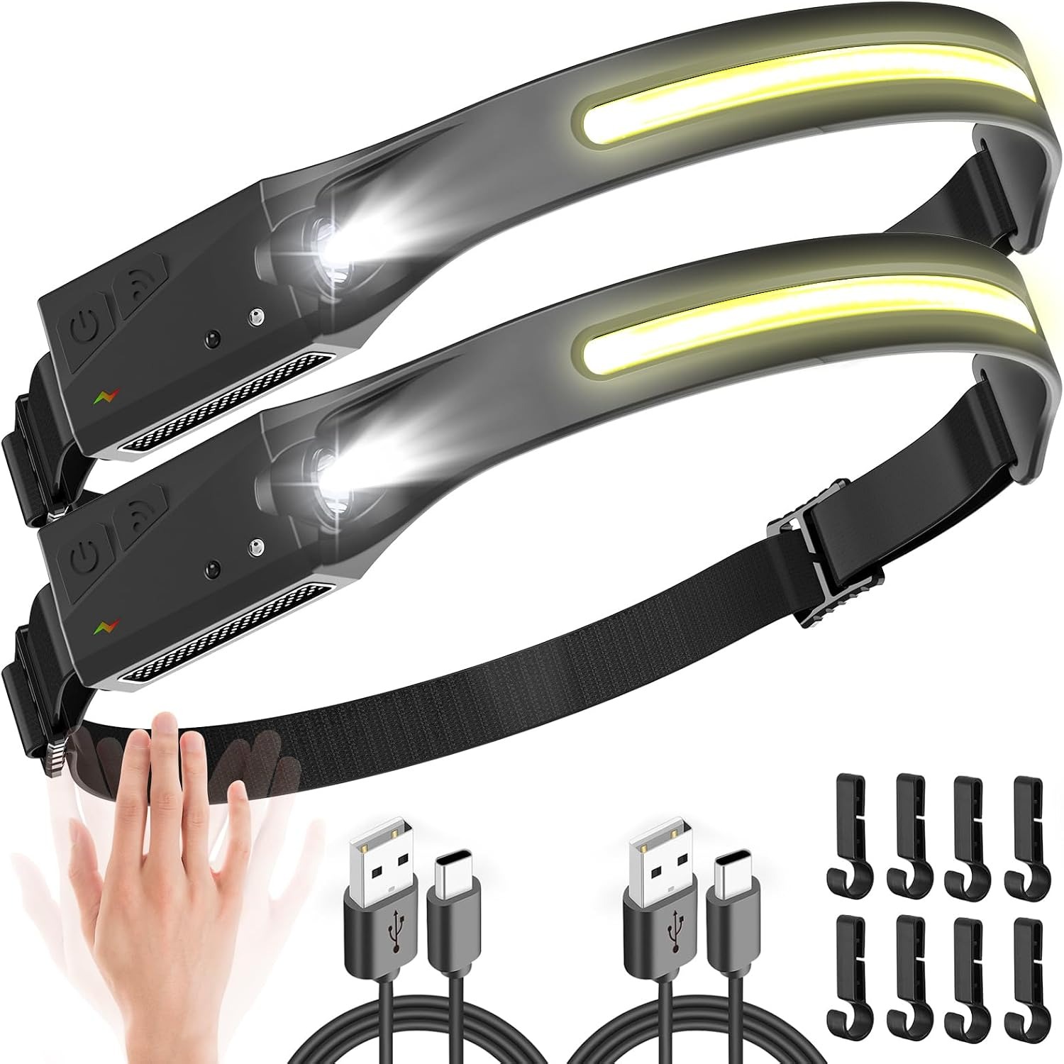Rechargeable LED Headlamp 2 Pack with Motion Sensor